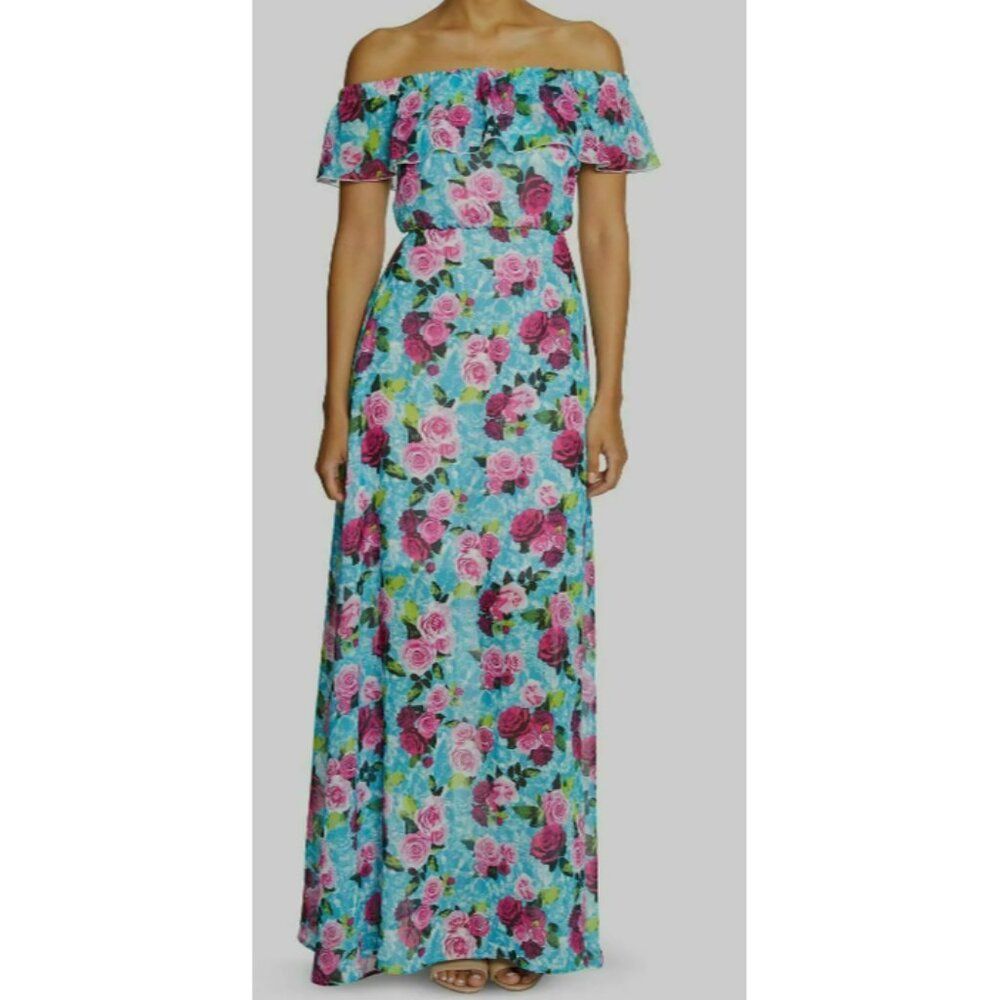 Betsey Johnson Blue Floral Off-Shoulder Maxi Dress with Pink Roses